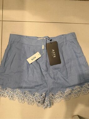 ASTR Light Blue Lace-Hem High Waist Women's Shorts
